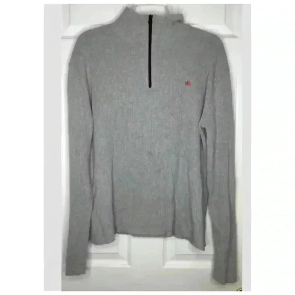 Men POLO JEANS CO RALPH LAUREN Gray 1/4 Zip Ribbed Pullover Sweater Sz Medium